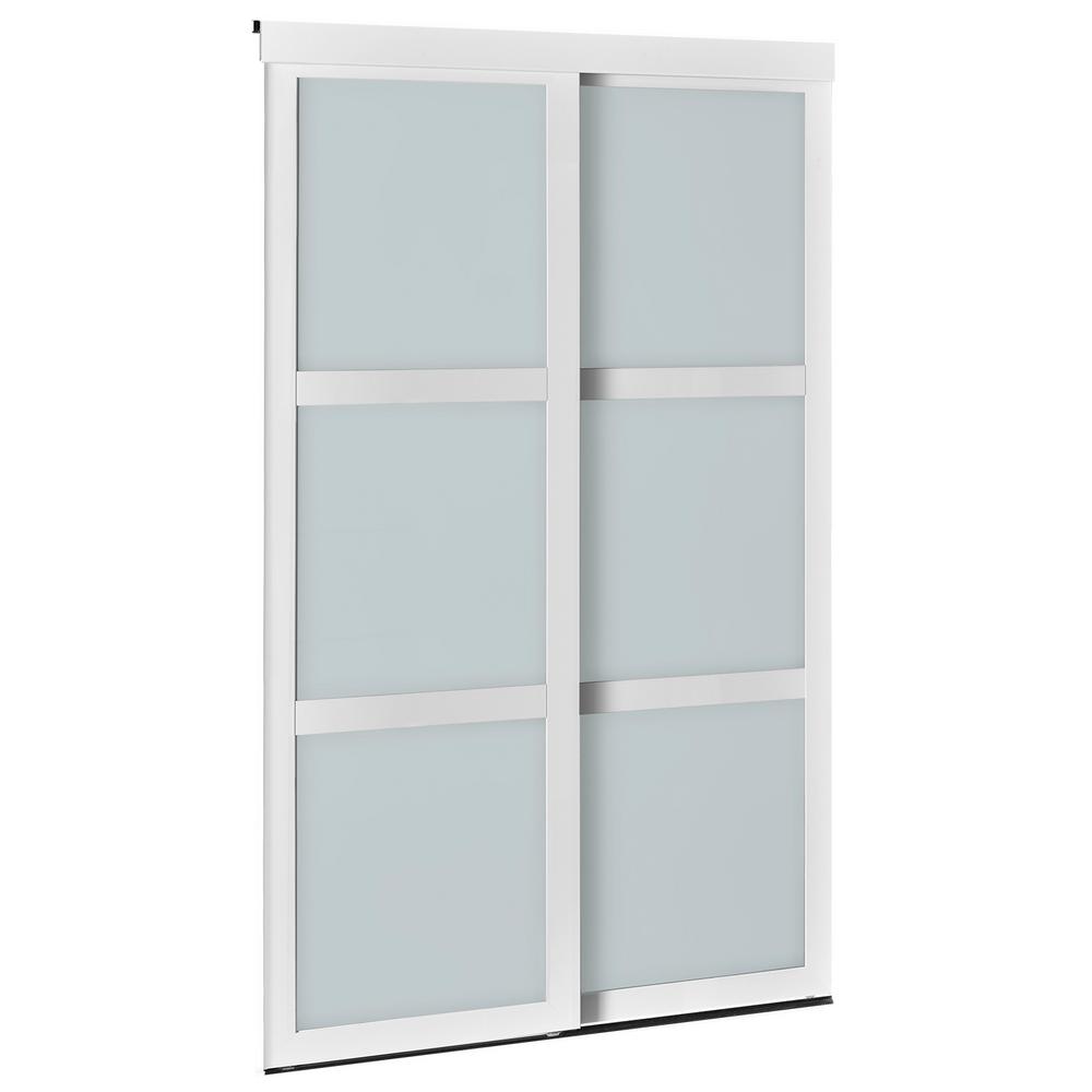 3-Lite MDF Wood Frame with Frosted Glass Interior Sliding Closet Door, White - 72" x 80.5" (#K4080)