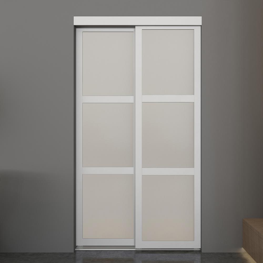 3-Lite MDF Wood Frame with Frosted Glass Interior Sliding Closet Door, White - 72" x 80.5" (#K4080)