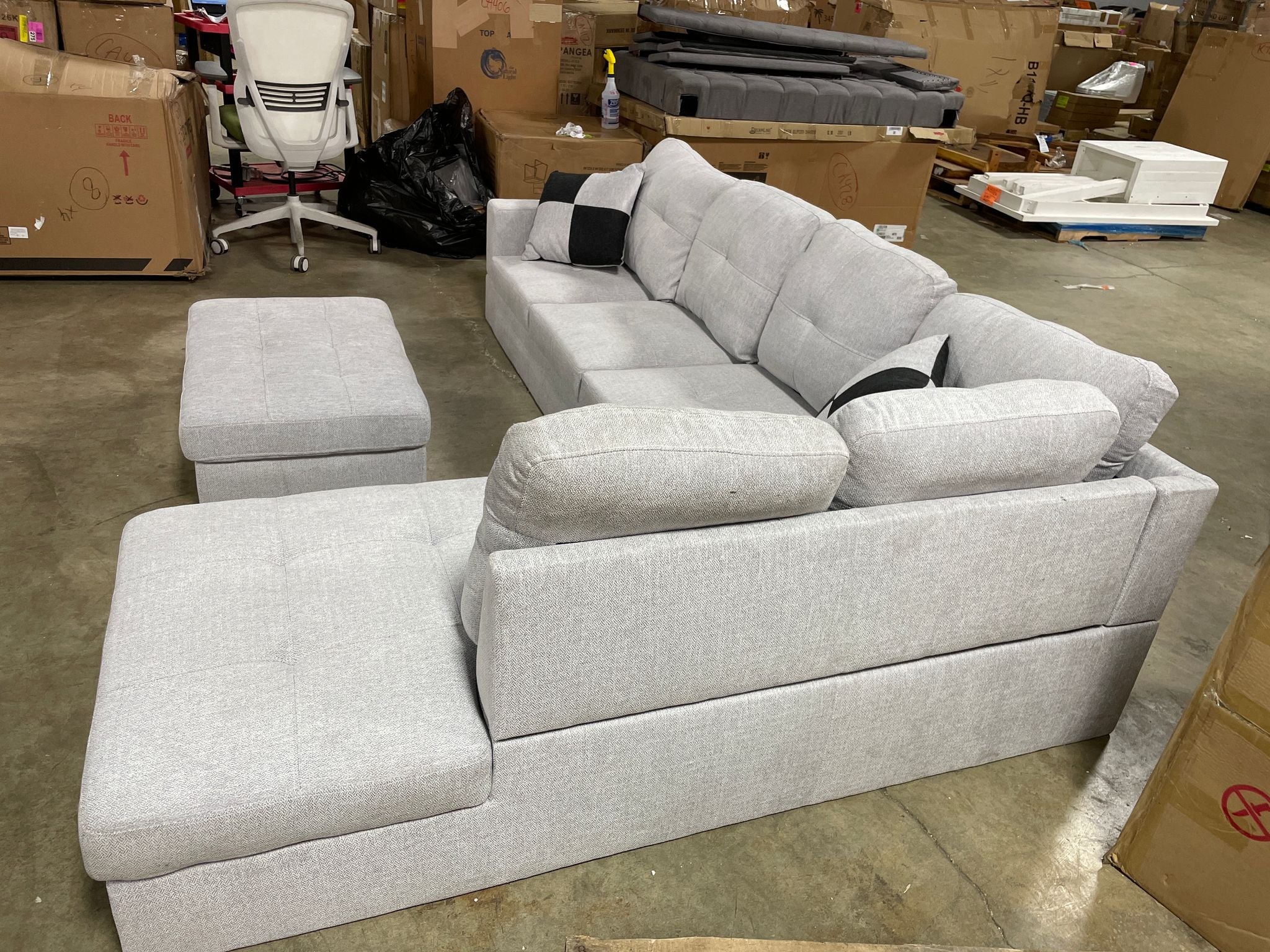 Beverly Fine Andes Furniture with Faux Leather Microfiber Sofa Set with Ottoman, Wood, Light Gray CA440