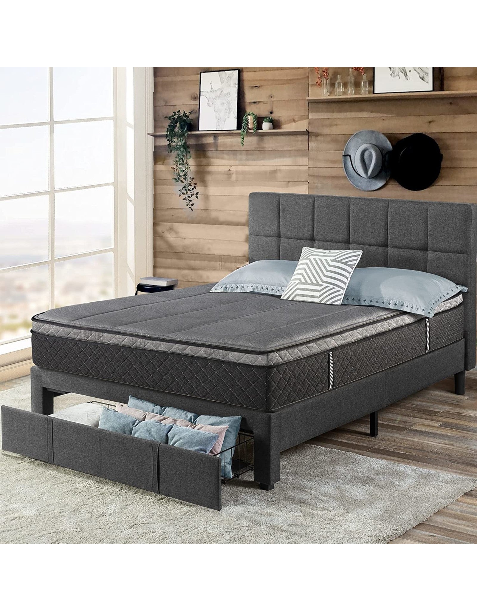 ZINUS Lottie Upholstered Platform Bed Frame with Storage Drawer / Mattress Foundation / Wood Slat Support / No Box Spring Needed / Easy Assembly, Grey, Queen